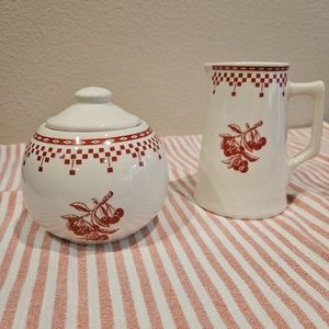Le Comptoir de Famille Damier Red Cherries Vintage Creamer and Sugar Set